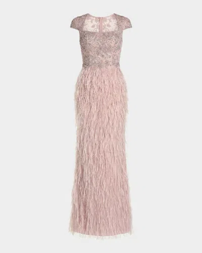 Mac Duggal Beaded Feather-trim Column Gown In Pink