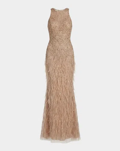 Mac Duggal Sleeveless Embellished Lace Gown In Brown