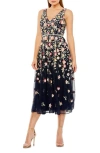 Mac Duggal Deep V Neck Embroidered Tea Length Dress In Midnight Multi