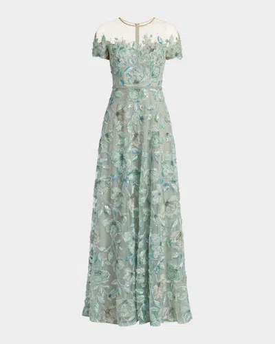 Mac Duggal Beaded Floral Applique Illusion Gown In Multi