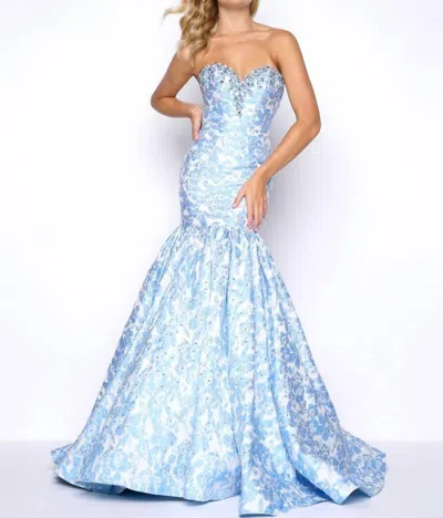 Mac Duggal Beaded Floral Brocade Prom Dress In Powder Blue