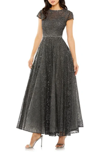 Mac Duggal Beaded Floral Cap Sleeve Gown In Graphite