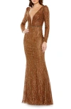 Mac Duggal Embellished Long Sleeve Plunge Trumpet Gown In Bronze In Brown
