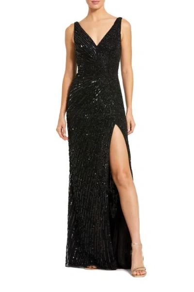 Mac Duggal Beaded Floral High Slit Sleeveless Gown In Black