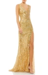 Mac Duggal Beaded Floral Sleeveless Gown In Gold