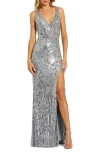 Mac Duggal Beaded Floral Sleeveless Gown In Silver