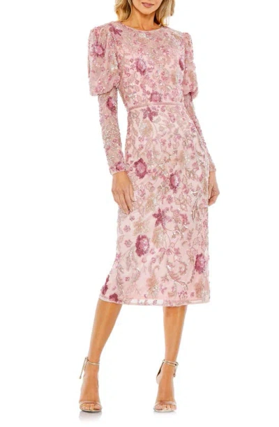 Mac Duggal Beaded Floral Long Sleeve Sheath Cocktail Dress In Rose
