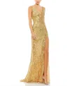 Mac Duggal Beaded Floral Sleeveless Gown In Gold