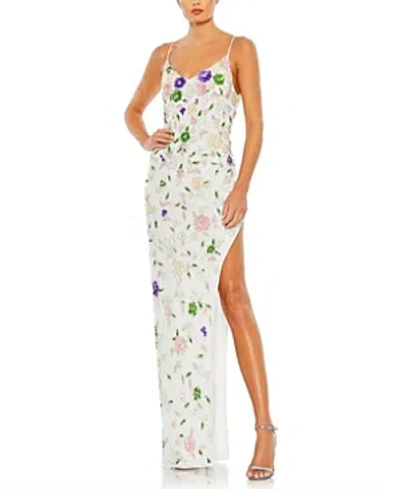 Mac Duggal Beaded Floral High Slit Gown In White Multi