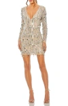 Mac Duggal Beaded Fringe Detail Dress With Plunging Neckline And Long Sleeves In Silver