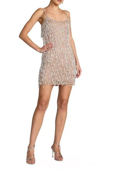 Mac Duggal Beaded Fringe Mini Dress With Spaghetti Straps In Neutral