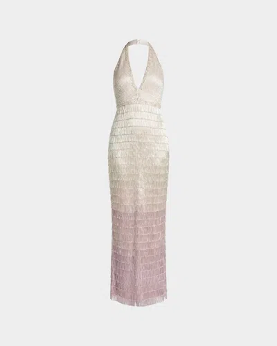 Mac Duggal Halter Neck Mesh Embellished Fringe Column Gown In Neutral
