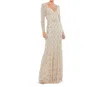 Mac Duggal Beaded Geometric Silver Sparkle Dress In Nude In Brown