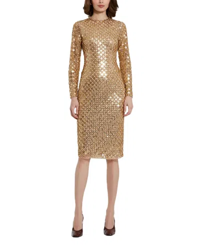 Mac Duggal Beaded Georgette Long Sleeve Fitted Midi Dress In Antique Gold