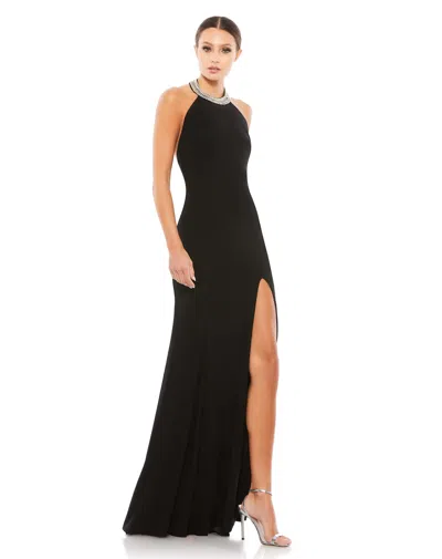 Mac Duggal Beaded Halter Jersey Evening Gown In Black