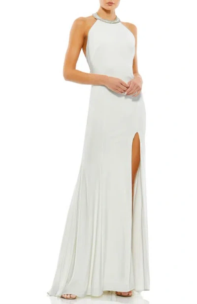 Mac Duggal Embellished Halter Jersey Evening Gown In White