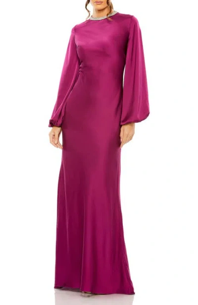 Mac Duggal Beaded High Neck Bishop Sleeve Satin Gown In Pink