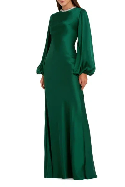 Mac Duggal Beaded High Neck Bishop Sleeve Satin Gown In Green