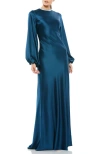 Mac Duggal Long Sleeve Satin Sheath Gown In Sapphire