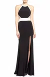 Mac Duggal Beaded High Neck Gown With Cutouts In Black/white In Multi