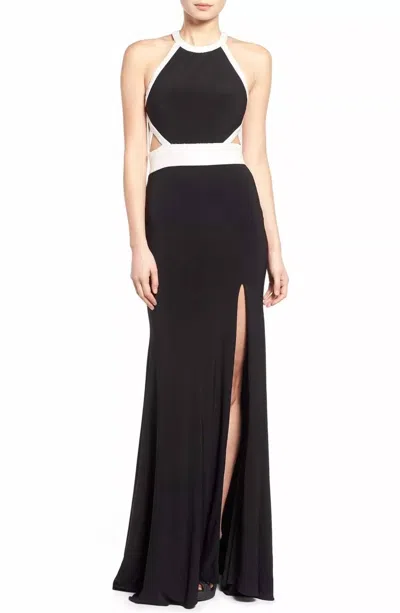 Mac Duggal Beaded High Neck Gown With Cutouts In Black/white In Multi