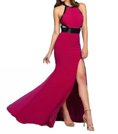 Mac Duggal Beaded High Neck Gown With Cutouts In Magenta In Pink