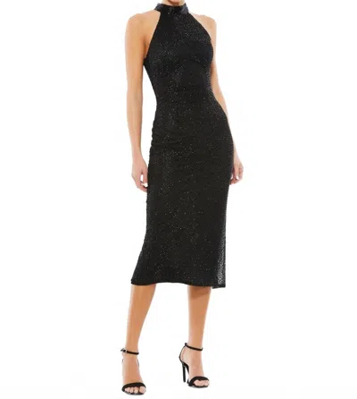 Mac Duggal Beaded High Neck Halter Midi Dress Sleeveless In Black