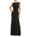 Mac Duggal Beaded High Neck Lace Mesh Sleeveless Column Gown In Brown