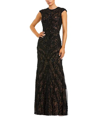 Mac Duggal Beaded High Neck Lace Mesh Sleeveless Column Gown In Brown
