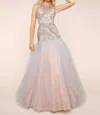 Mac Duggal Beaded Illusion Bodice Ball Gown In Platinum In Silver