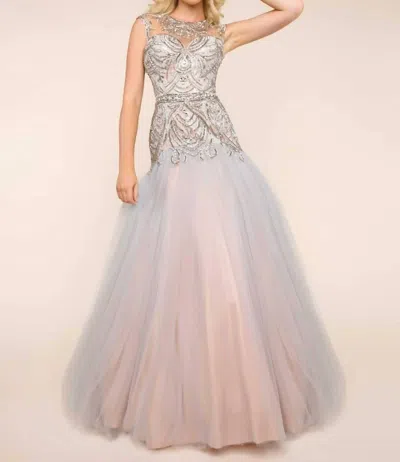Mac Duggal Beaded Illusion Bodice Ball Gown In Platinum In Silver