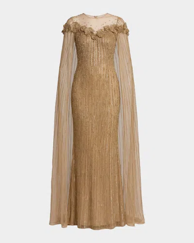 Mac Duggal Beaded Illusion Cape Gown In Gold