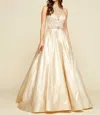 Shop Mac Duggal Beaded Illusion Halterneck Ball Gown In Gold