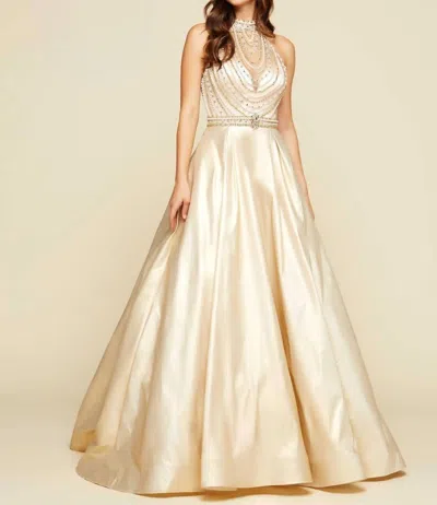 Mac Duggal Beaded Illusion Halterneck Ball Gown In Gold