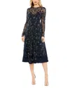 Mac Duggal Beaded Illusion High Neck Long Sleeve A In Blue