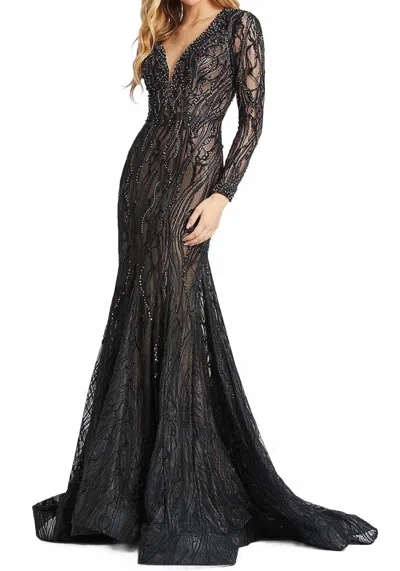 Mac Duggal Beaded Illusion Long Sleeve Mermaid Gown In Black/nude In Multi
