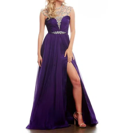 Mac Duggal Beaded Illusion Neck Gown With Overskirt In Deep Purple
