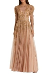 Mac Duggal Beaded Illusion Puff Sleeve Gown In Nude Gold