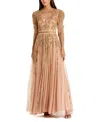 Mac Duggal Beaded Illusion Puff Sleeve Gown In Nude Gold