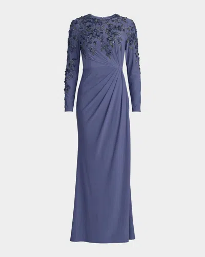 Mac Duggal Beaded Jersey Column Gown In Blue Haze