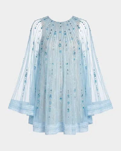 Mac Duggal Beaded Lace Cape-sleeve Mini Dress In Blue