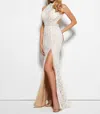 Mac Duggal Beaded Lace Gown With High Side Slit In Ivory/nude In Multi