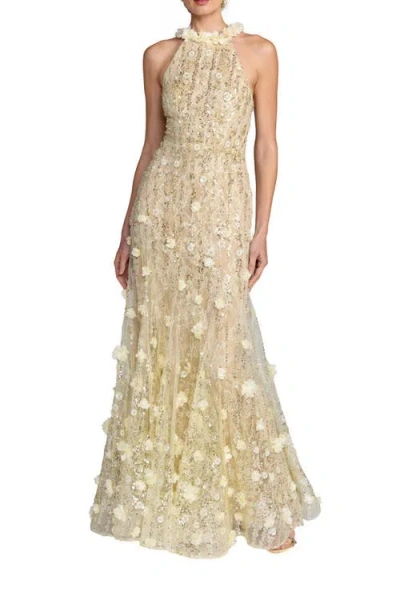 Mac Duggal Beaded Lace Halter Neck Sleeveless Mermaid Gown In Gold
