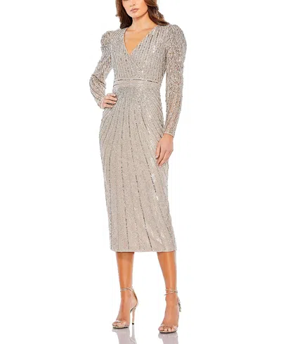 Mac Duggal Beaded Lace Long Sleeve Dress In Taupe