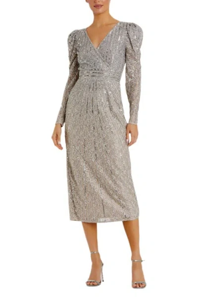 Mac Duggal Beaded Lace Long Sleeve Mini Dress In Taupe