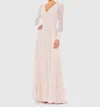 Mac Duggal Beaded Lace Long Sleeve Wrap Over Gown In Light Rose