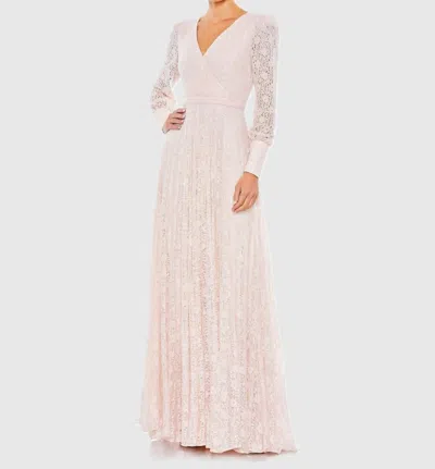 Mac Duggal Beaded Lace Long Sleeve Wrap Over Gown In Light Rose