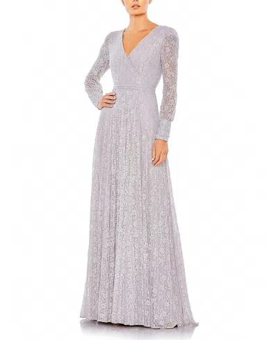 MAC DUGGAL BEADED LACE LONG SLEEVE WRAP OVER GOWN