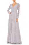 Mac Duggal Beaded Lace Long Sleeve Wrap Over Gown In Lavender