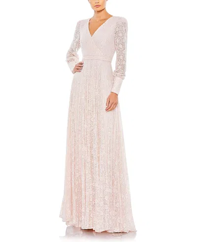 Mac Duggal Beaded Lace Long Sleeve Wrap Over Gown In Light Rose
